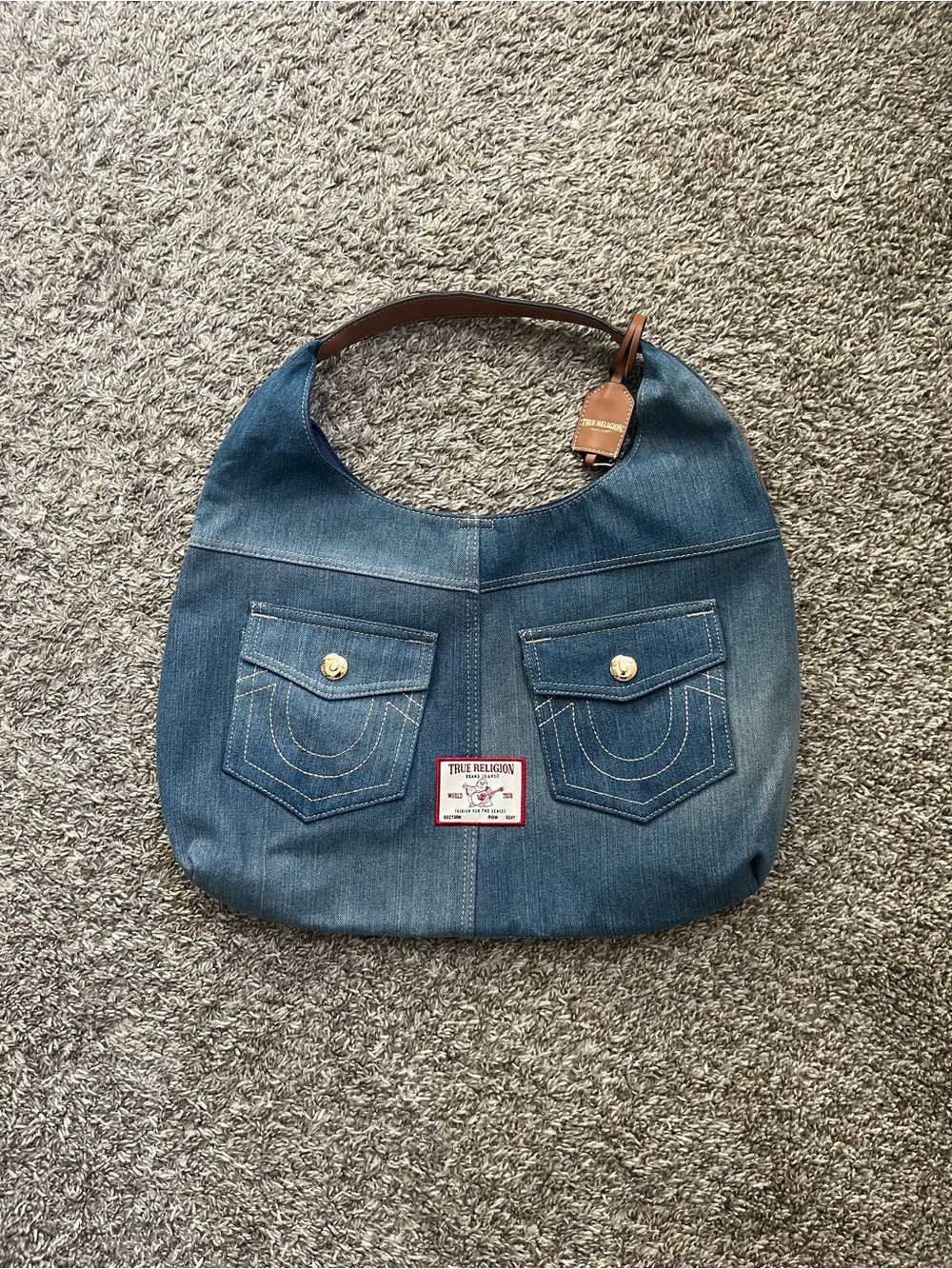 True Religion Blue Denim Shoulder Hobo with Brown Leather Strap